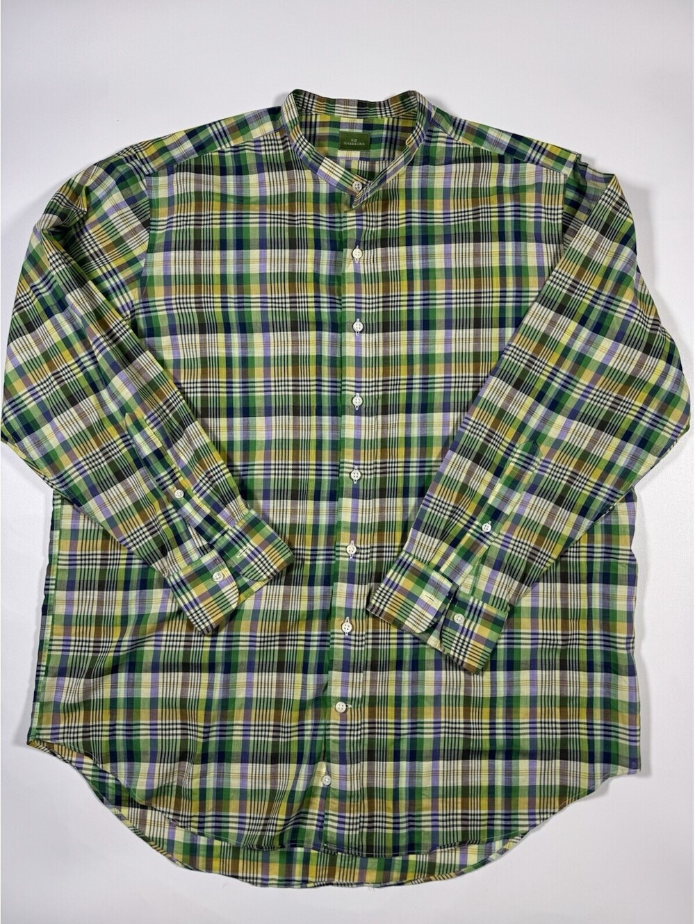 Sid Mashburn Mens XL Madras Plaid Band Collar Shirt Purple Green Cotton